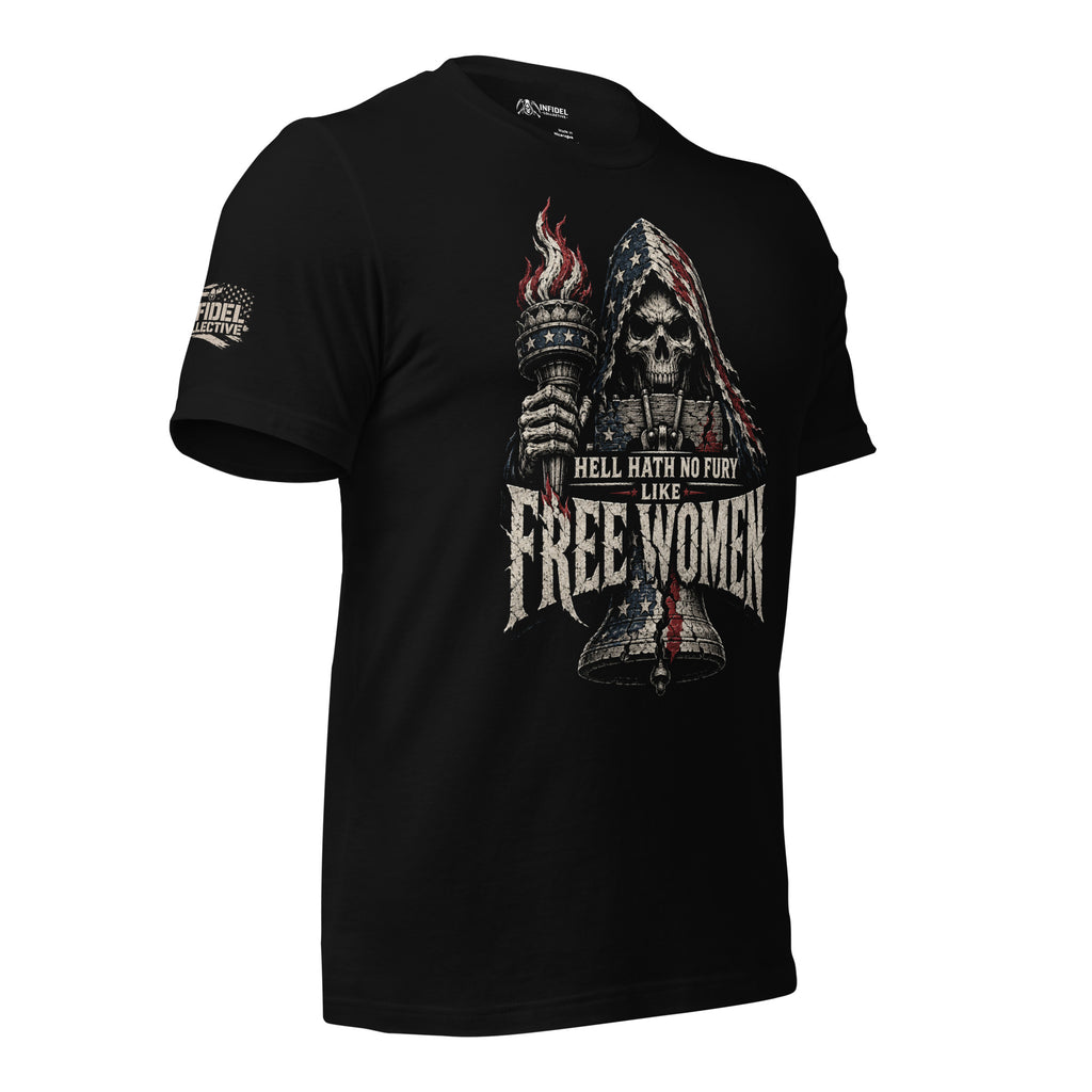 Hell Hath No Fury Free Women skull liberty torch graphic black tee from Infidel Collective
