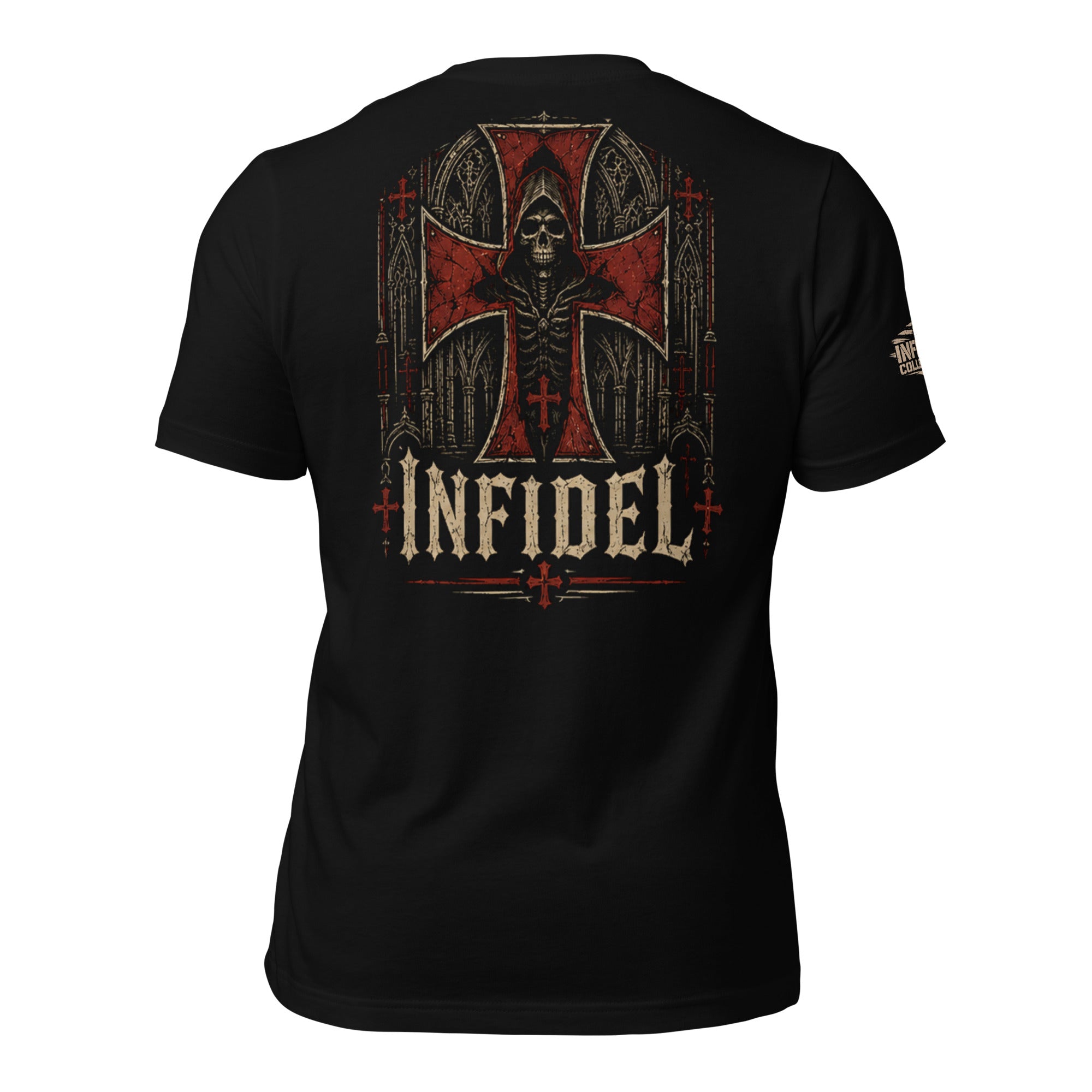 Holy Ground Infidel reaper cross back print black tee from Infidel Collective