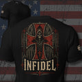 Holy Ground Infidel reaper inside a cathedral red cross design back print black tee from Infidel Collective