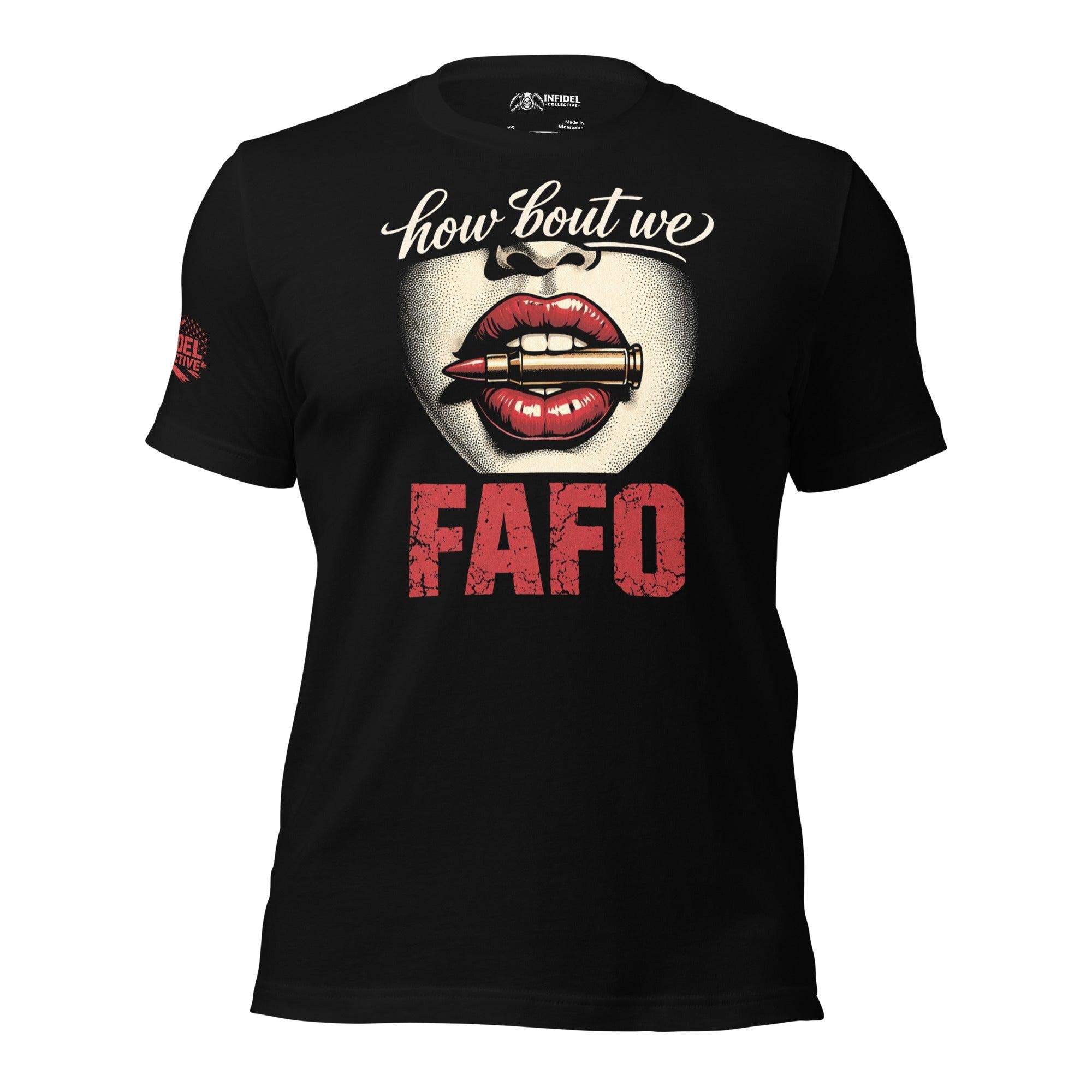 How About We FAFO patriotic women’s front print black tee from Infidel Collective
