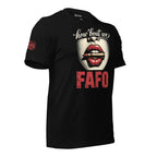 How About We FAFO patriotic women’s front print black tee from Infidel Collective