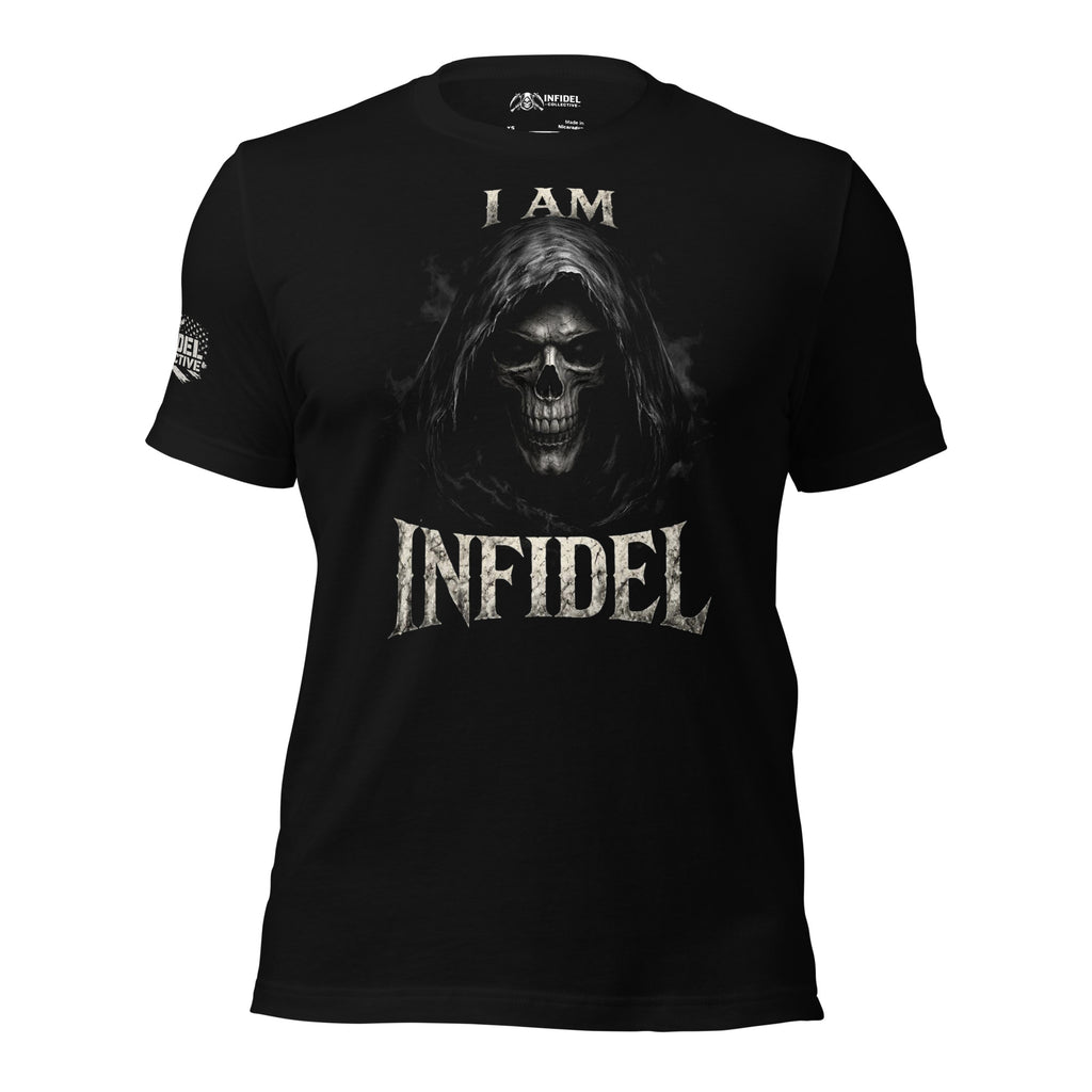 Black I Am Infidel tee with hooded reaper skull front graphic