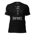 Black I Am Infidel tee with hooded reaper skull front graphic