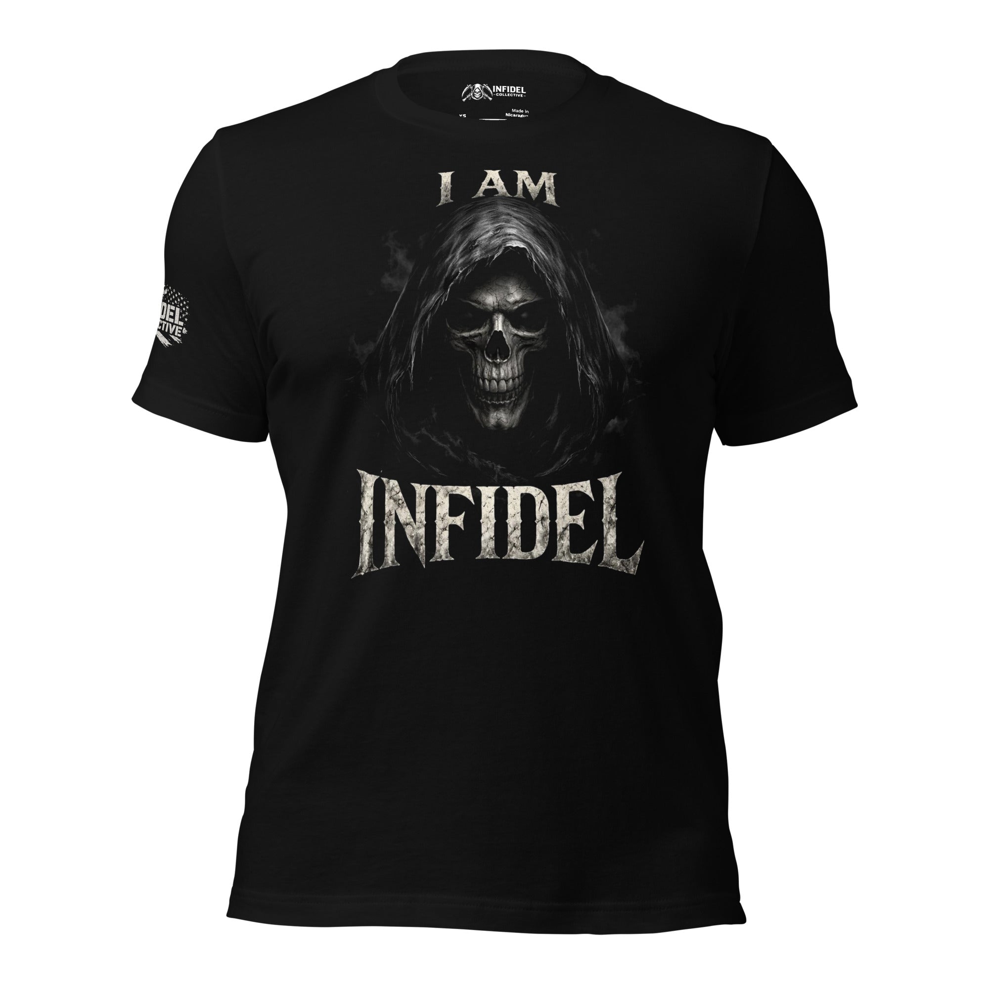 Black I Am Infidel tee with hooded reaper skull front graphic