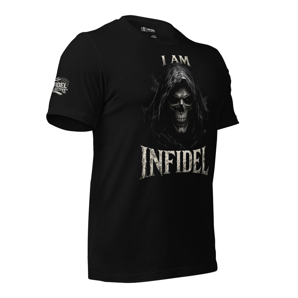 Black I Am Infidel tee with hooded reaper skull front graphic