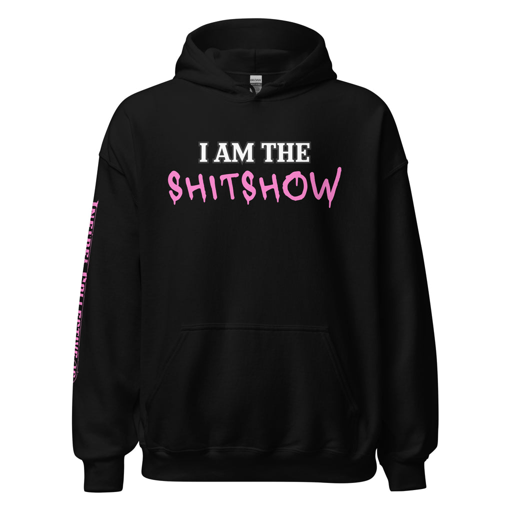 I Am the Shitshow women’s front print pink on black hoodie from Infidel Collective