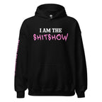 I Am the Shitshow women’s front print pink on black hoodie from Infidel Collective