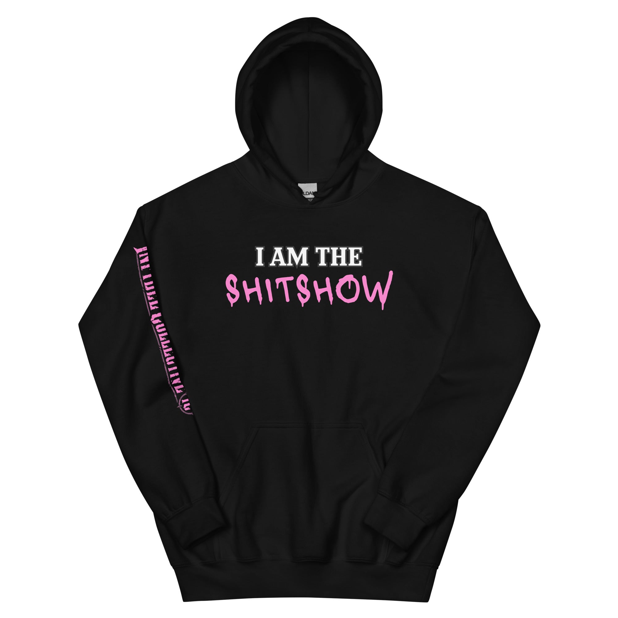 I Am the Shitshow women’s front print pink on black hoodie from Infidel Collective