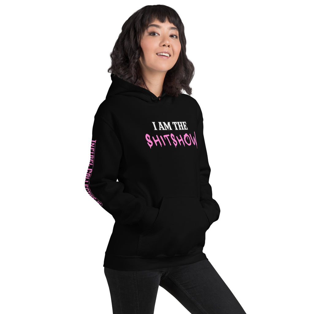 I Am the Shitshow women’s front print pink on black hoodie from Infidel Collective