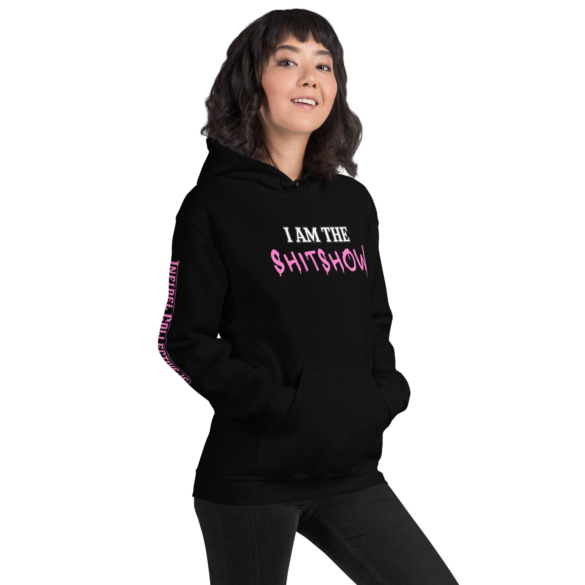 I Am the Shitshow women’s front print pink on black hoodie from Infidel Collective