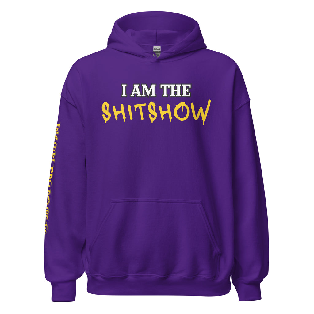 I Am the Shitshow front print yellow on purple hoodie from Infidel Collective