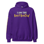 I Am the Shitshow front print yellow on purple hoodie from Infidel Collective