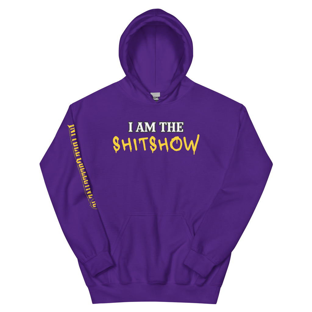 I Am the Shitshow front print yellow on purple hoodie from Infidel Collective