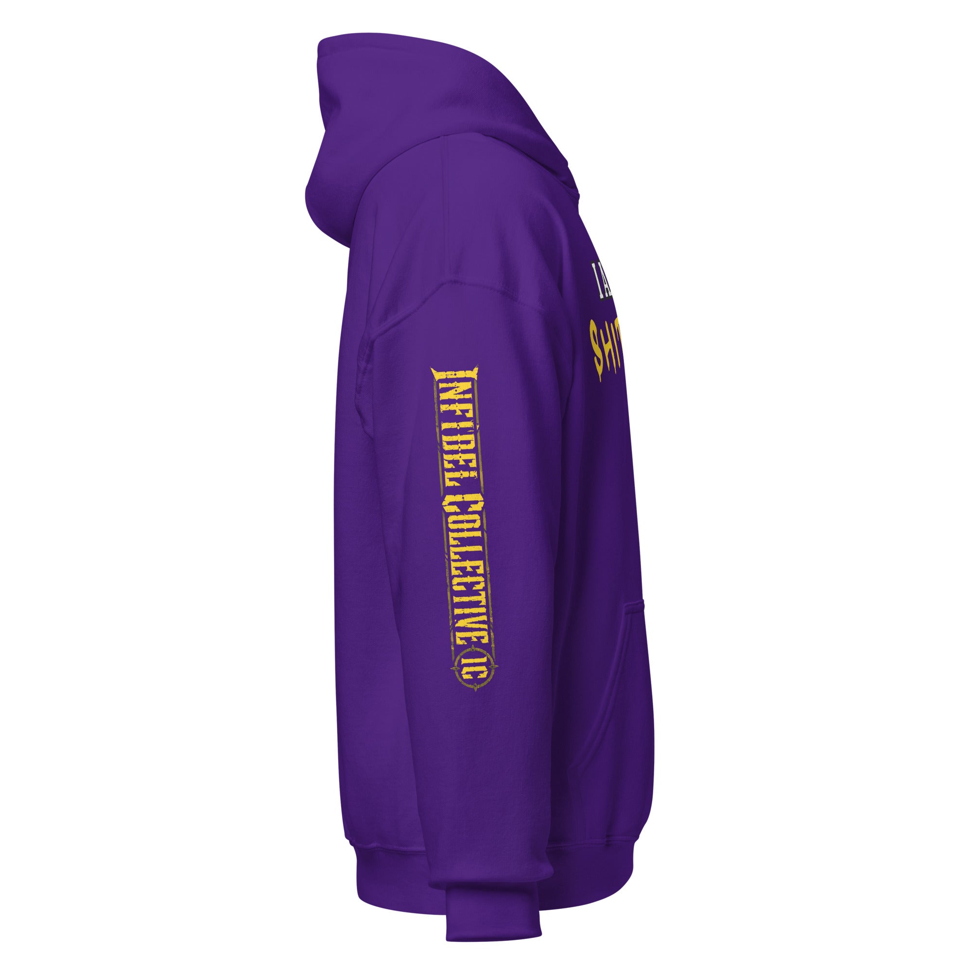 I Am the Shitshow front print yellow on purple hoodie from Infidel Collective