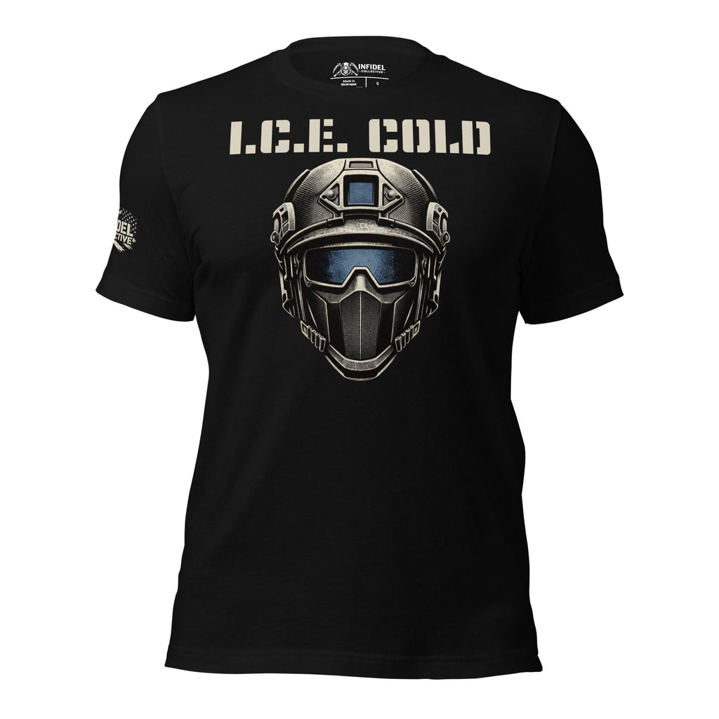 Ice Cold front print tee with tactical helmet and visor graphic on black shirt