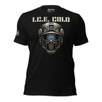 Ice Cold front print tee with tactical helmet and visor graphic on black shirt