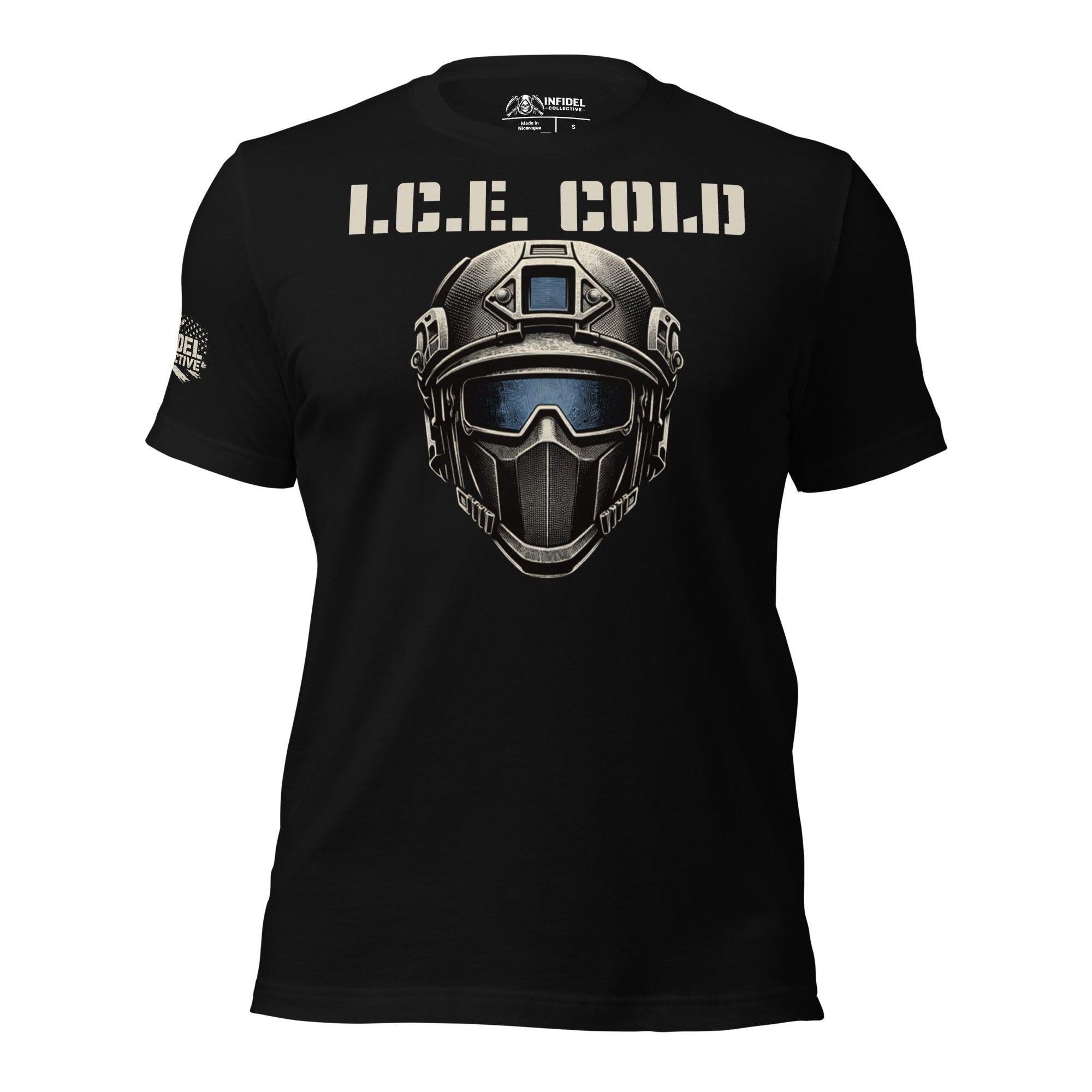 Ice Cold front print tee with tactical helmet and visor graphic on black shirt