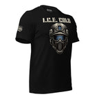 Ice Cold front print tee with tactical helmet and visor graphic on black shirt