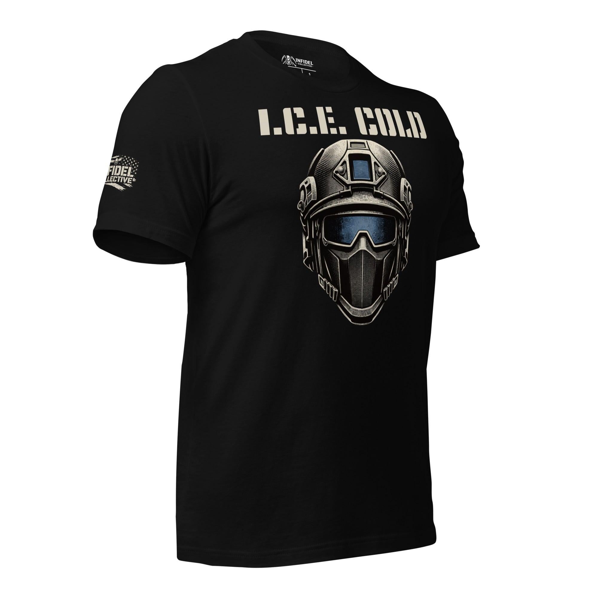 Ice Cold front print tee with tactical helmet and visor graphic on black shirt