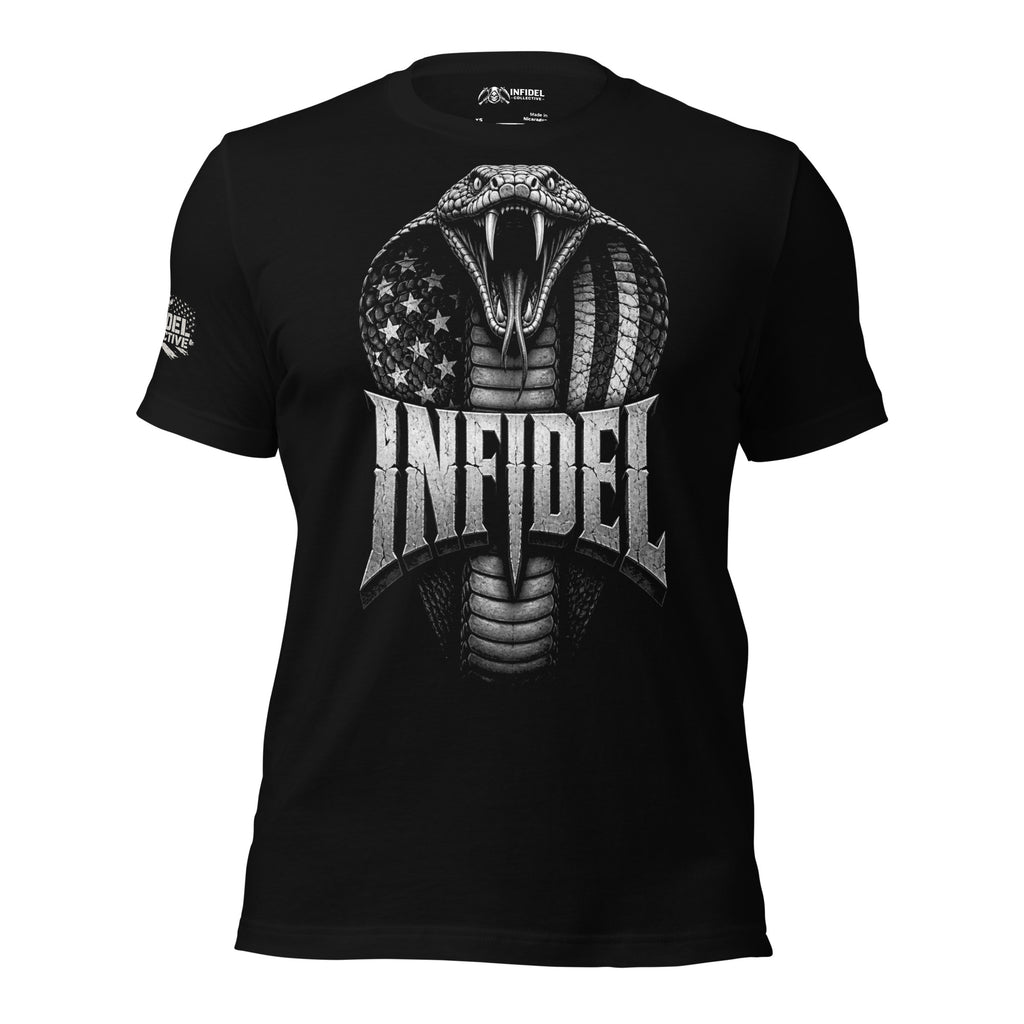 Infidel American flag cobra back print black tee from Infidel Collective