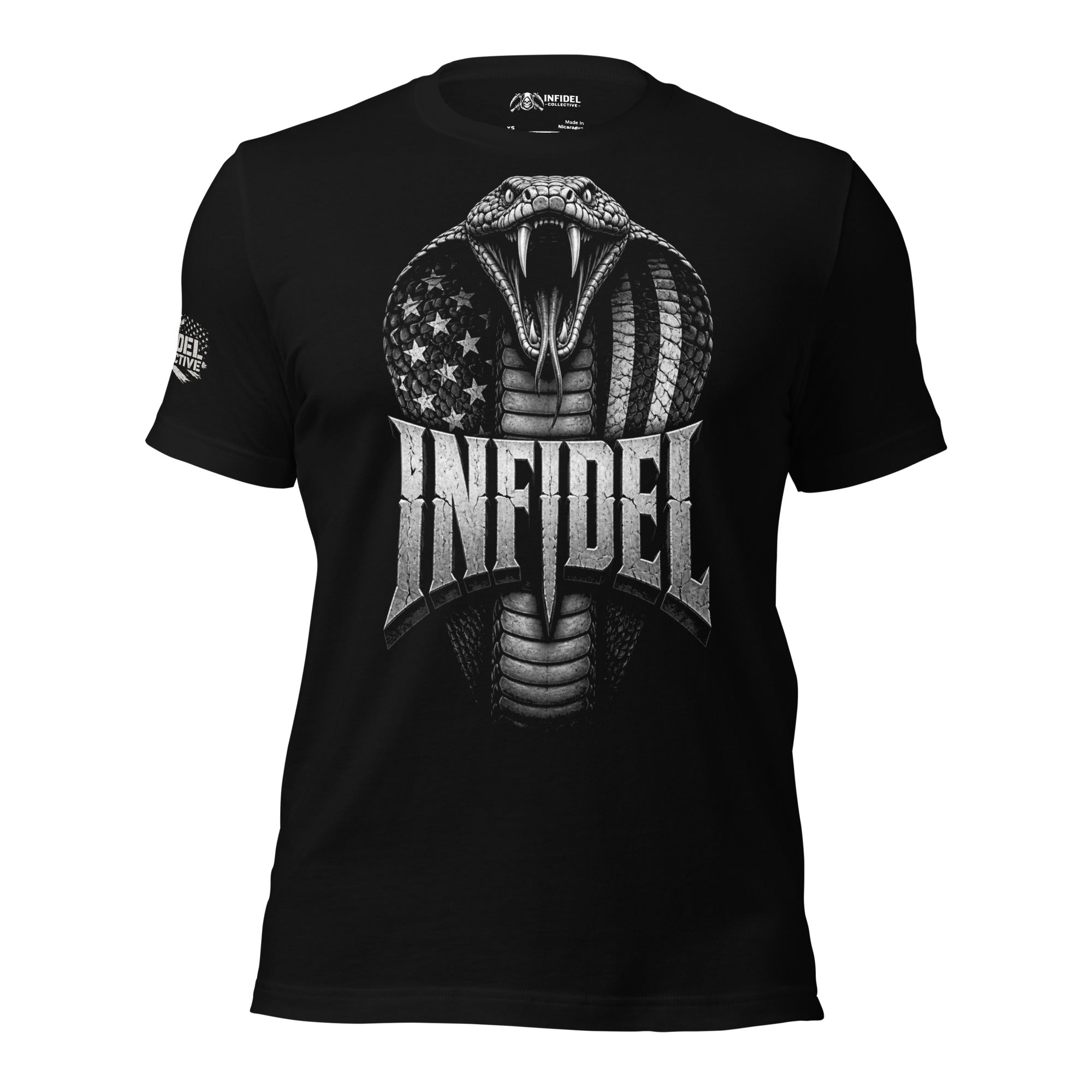 Infidel American flag cobra back print black tee from Infidel Collective