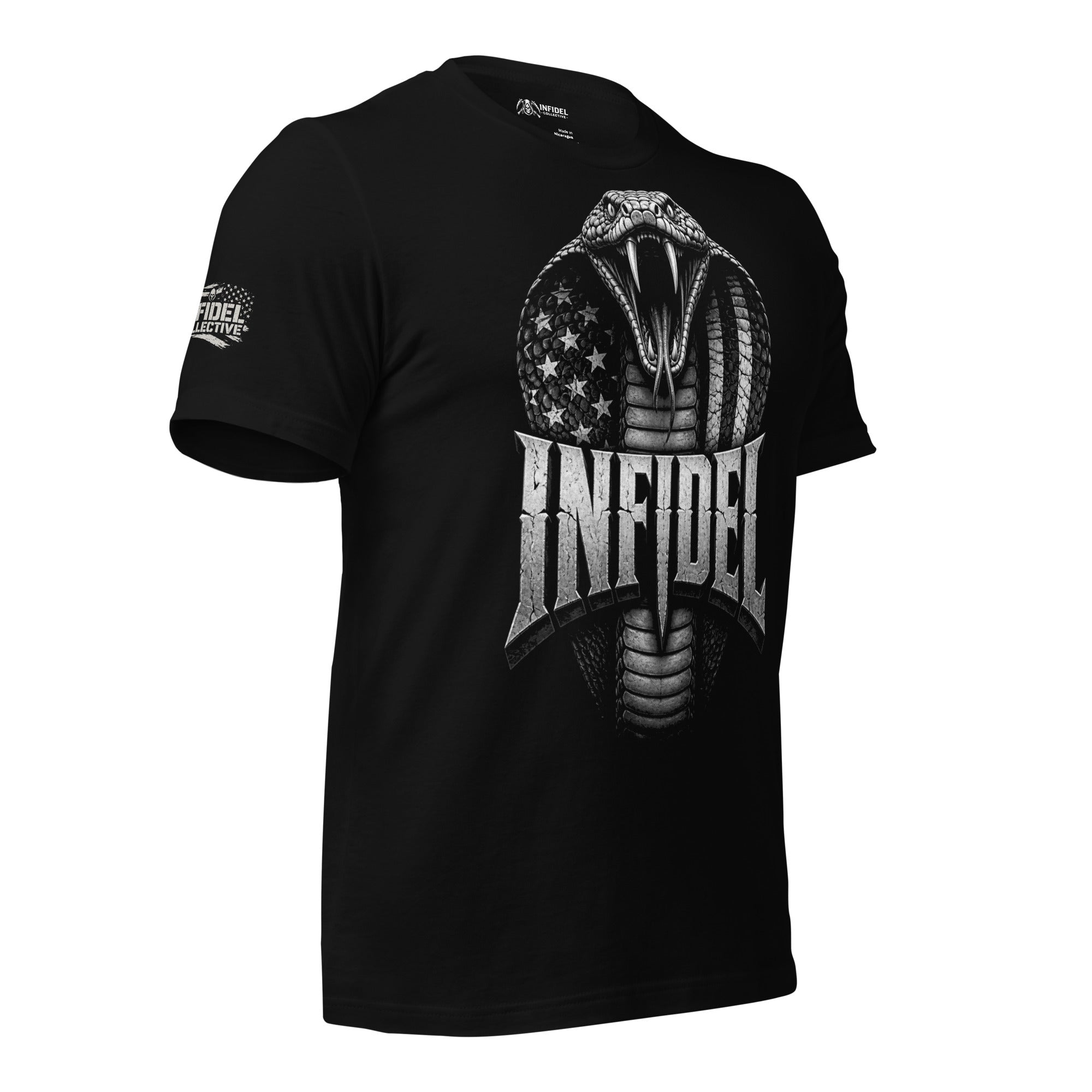 Infidel American flag cobra back print black tee from Infidel Collective