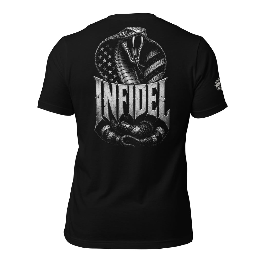 Infidel American flag serpent back print black tee from Infidel Collective