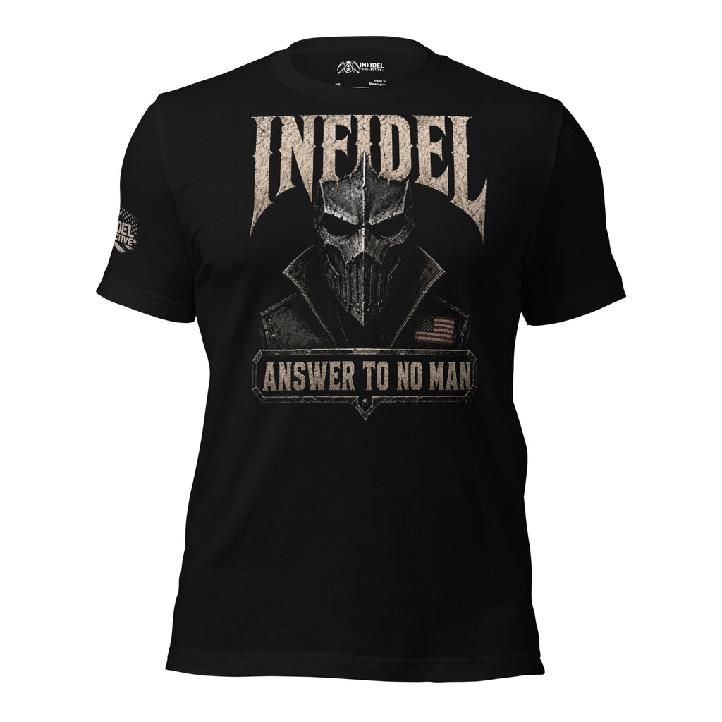 Infidel Answer to No Man death mask front print black tee from Infidel Collective