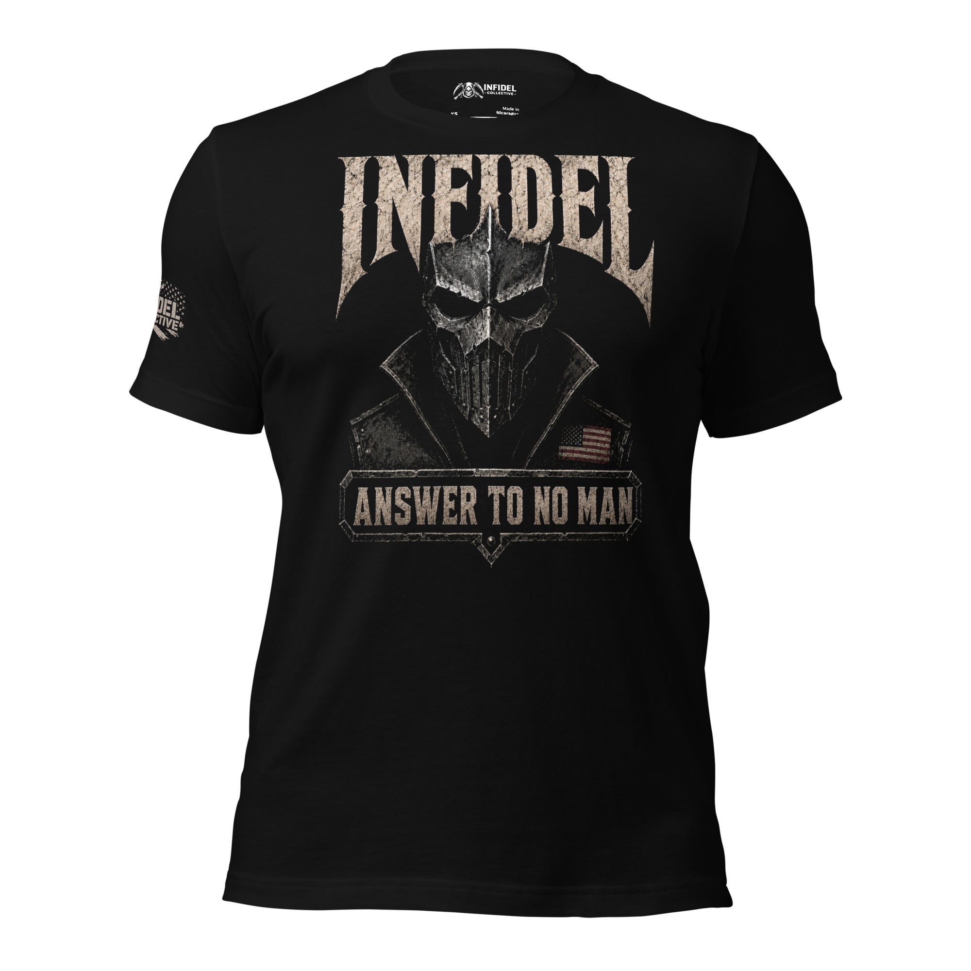 Infidel Answer to No Man death mask front print black tee from Infidel Collective