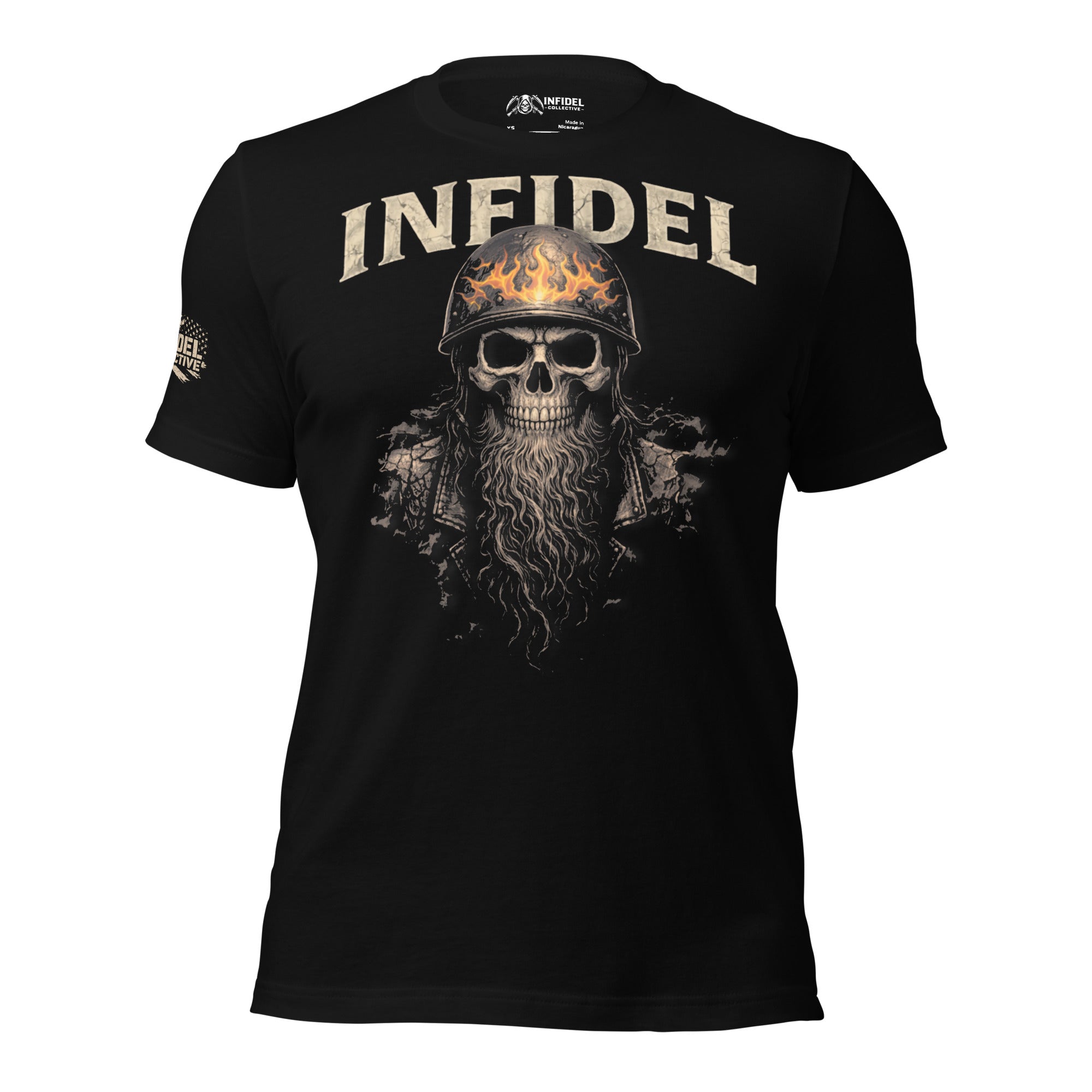 Infidel biker skull with flaming helmet graphic black tee from Infidel Collective