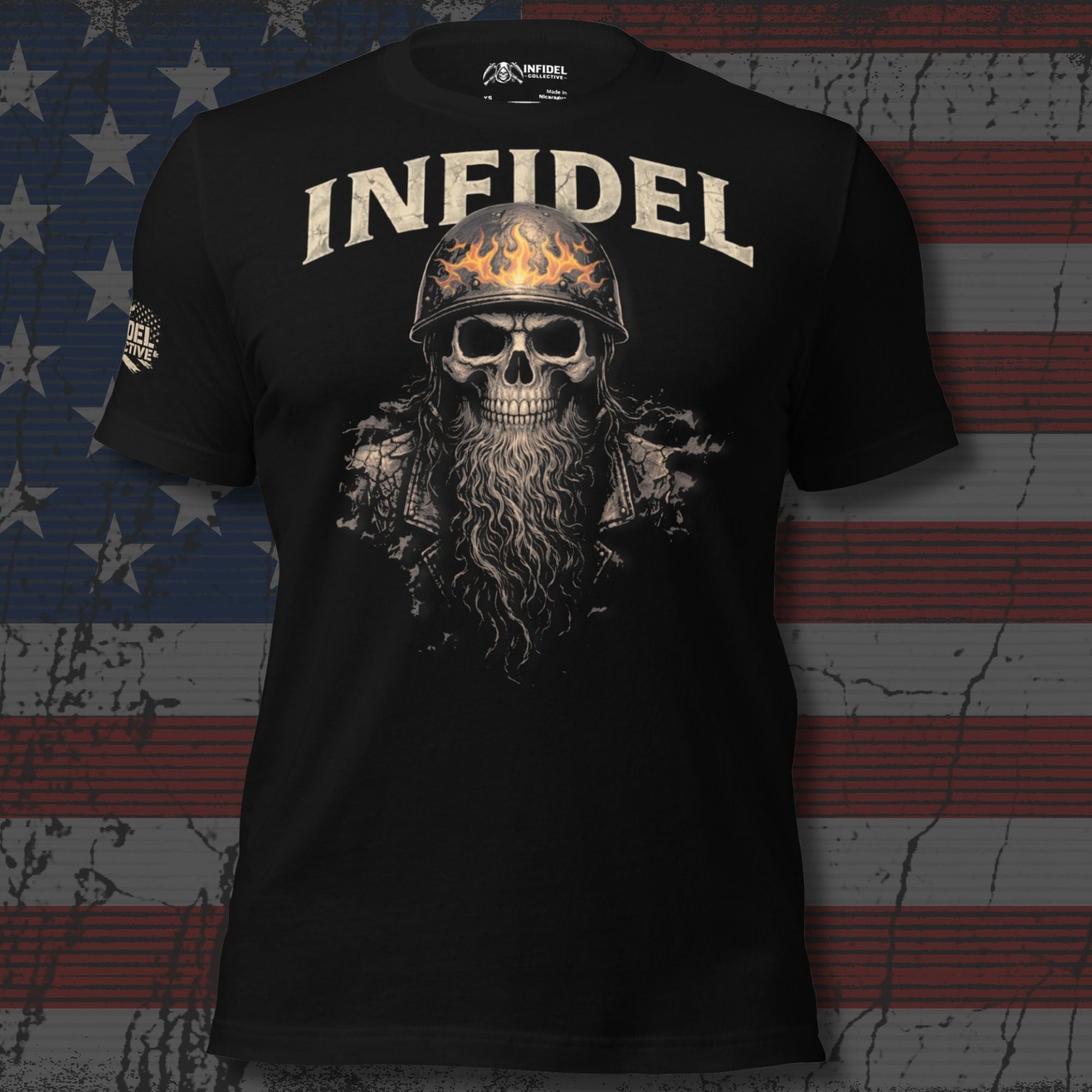Infidel biker skull with flaming helmet graphic black tee from Infidel Collective