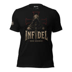 Infidel Born Unbowed hooded knight front print black tee from Infidel Collective