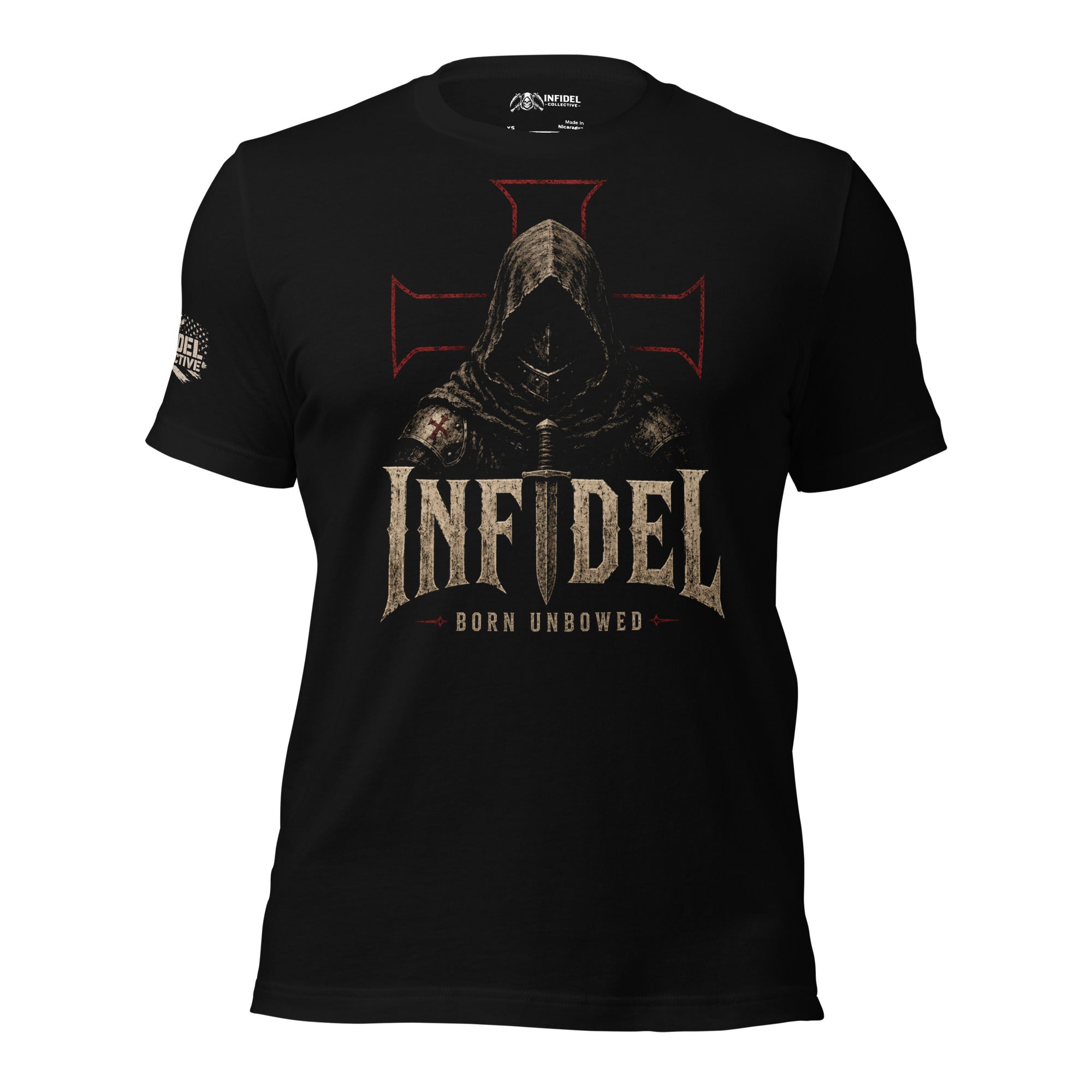 Infidel Born Unbowed hooded knight front print black tee from Infidel Collective