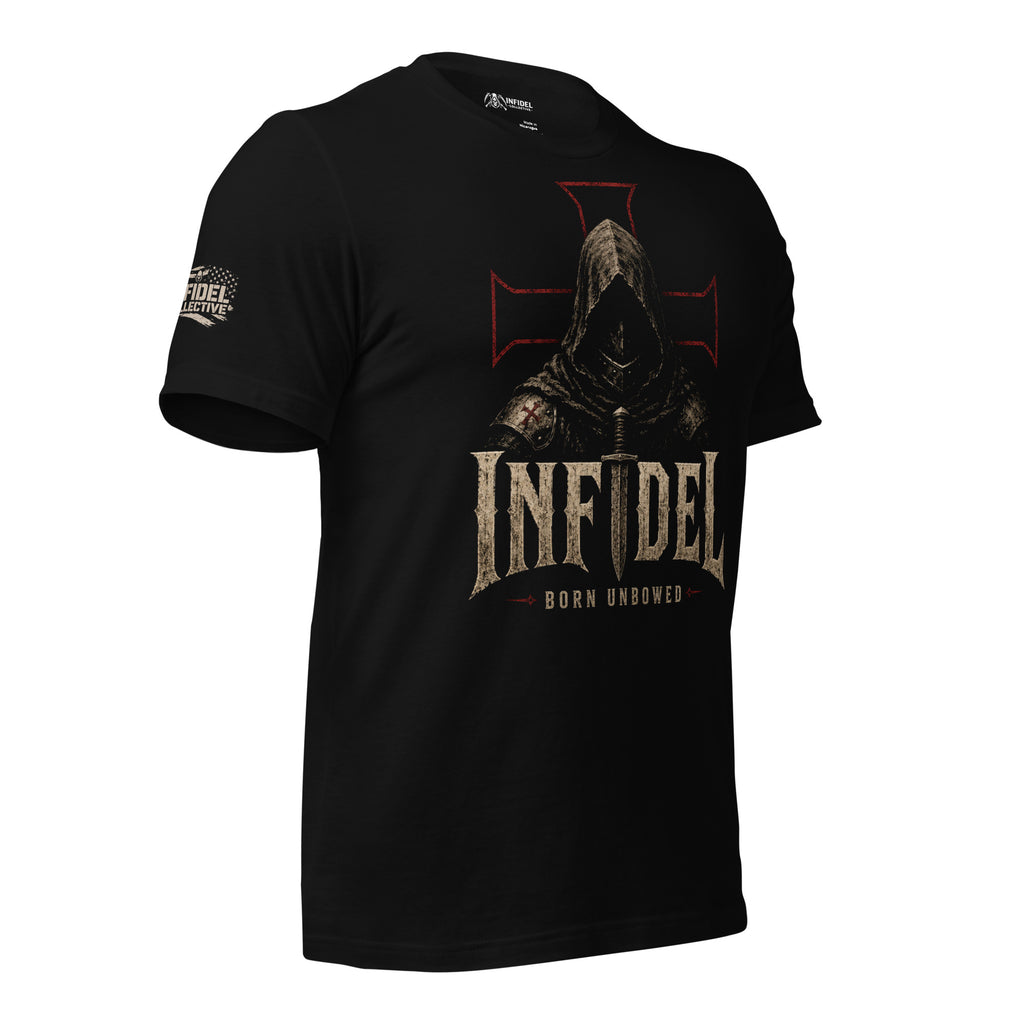 Infidel Born Unbowed hooded knight front print black tee from Infidel Collective