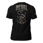 Infidel Born Unbowed rattlesnake skull back print black tee from Infidel Collective