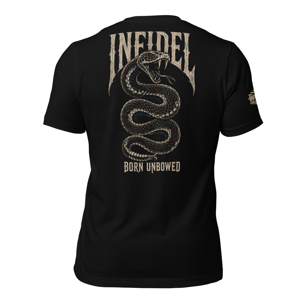 Infidel Born Unbowed rattlesnake back print black tee from Infidel Collective