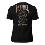 Infidel Born Unbowed rattlesnake back print black tee from Infidel Collective