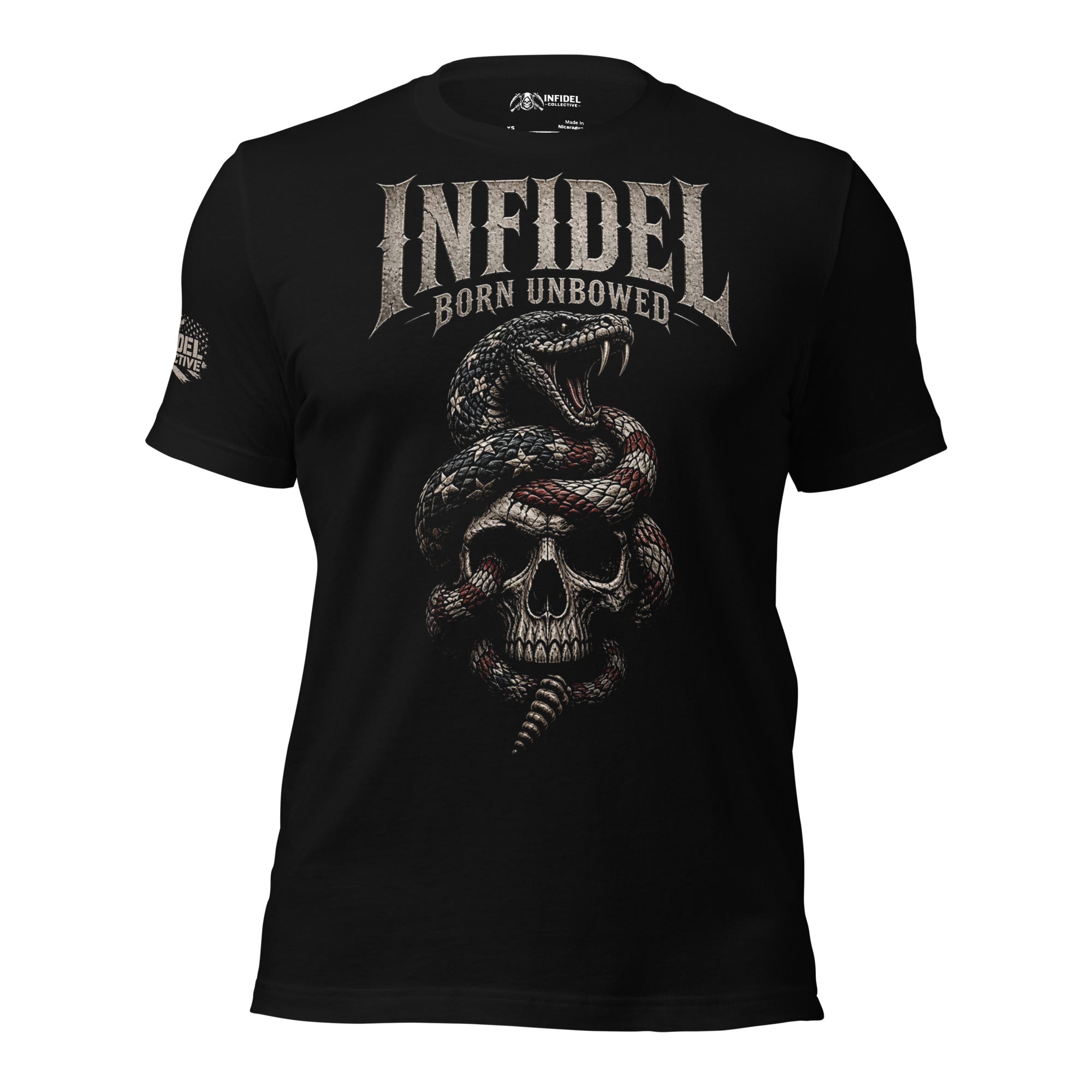 Infidel Born Unbowed rattlesnake skull graphic black tee from Infidel Collective
