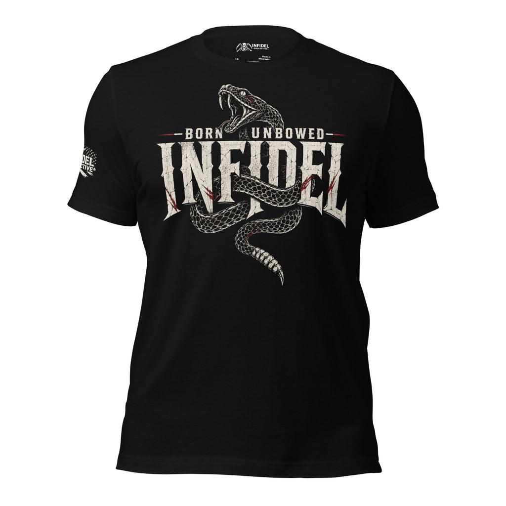 Black Infidel Collective tee with Born Unbowed text and rattlesnake front graphic
