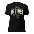 Black Infidel Collective tee with Born Unbowed text and rattlesnake front graphic