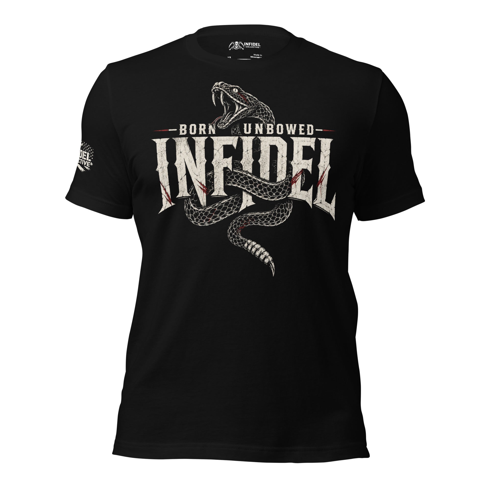 Black Infidel Collective tee with Born Unbowed text and rattlesnake front graphic