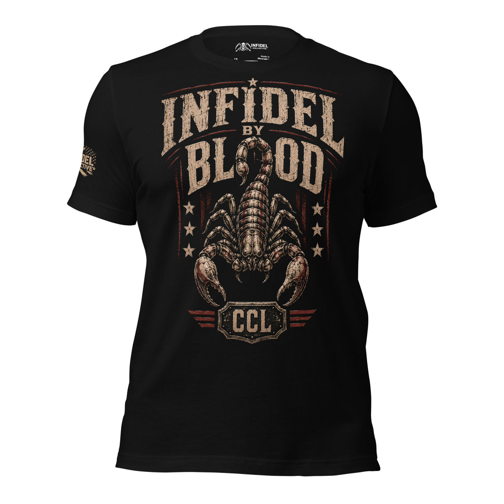 Infidel by Blood scorpion graphic front print black tee with CCL emblem and distressed lettering