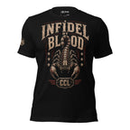 Infidel by Blood scorpion graphic front print black tee with CCL emblem and distressed lettering