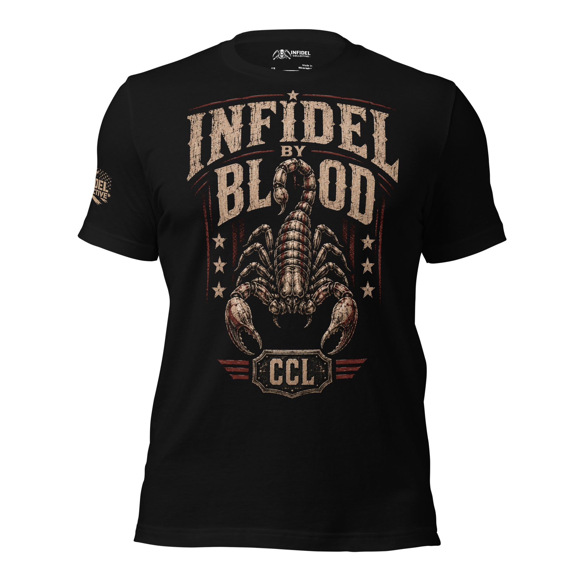 Infidel by Blood scorpion graphic front print black tee with CCL emblem and distressed lettering