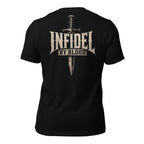 Infidel by Blood text and combat dagger back print graphic on black tee