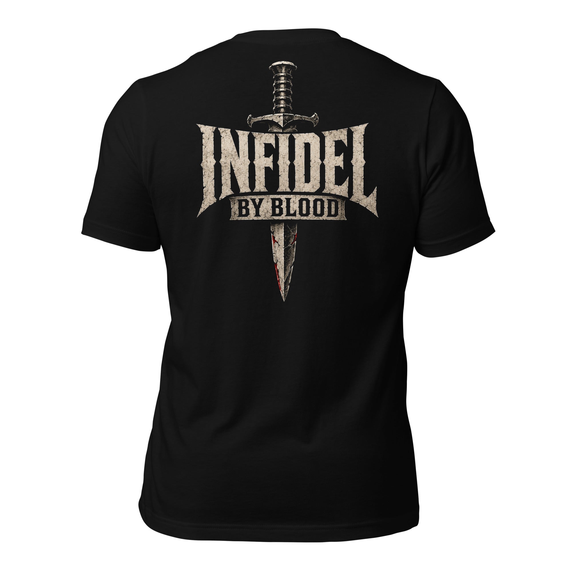 Infidel by Blood text and combat dagger back print graphic on black tee