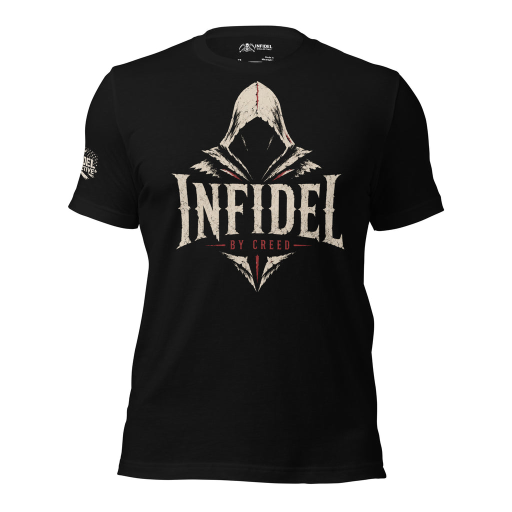 Black Infidel Collective tee with front print featuring shadowed hooded figure, INFIDEL text, and By Creed graphic