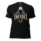 Black Infidel Collective tee with front print featuring shadowed hooded figure, INFIDEL text, and By Creed graphic