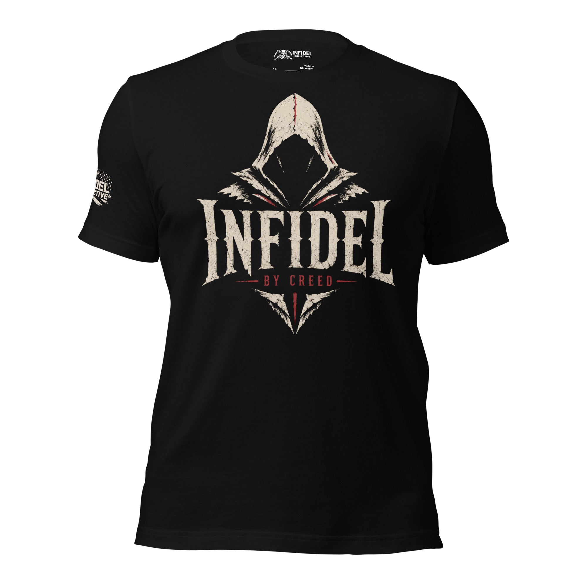 Black Infidel Collective tee with front print featuring shadowed hooded figure, INFIDEL text, and By Creed graphic