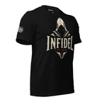 Black Infidel Collective tee with front print featuring shadowed hooded figure, INFIDEL text, and By Creed graphic